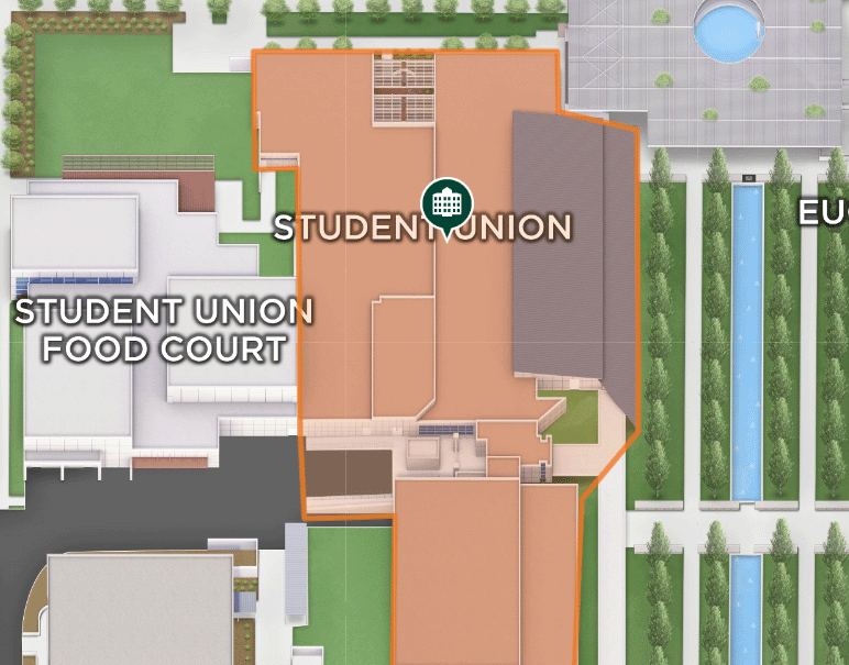 The location of the Student Union is highlighted on an illustrated map of the UT Dallas campus.